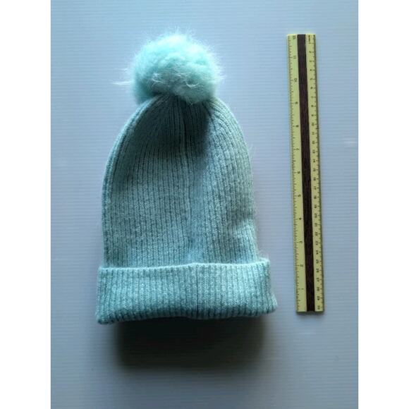 Mint Green Ribbed Knit Pom Beanie Hat Soft Slouchy Winter Women's - Picture 2 of 4